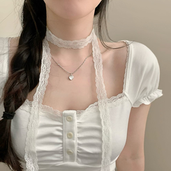 半袖Tシャツ 【タイ付き】レースボタン半袖Tシャツ IVORY