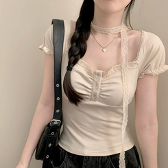 半袖Tシャツ 【タイ付き】レースボタン半袖Tシャツ BEIGE