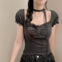 半袖Tシャツ 【タイ付き】レースボタン半袖Tシャツ CHARCOAL