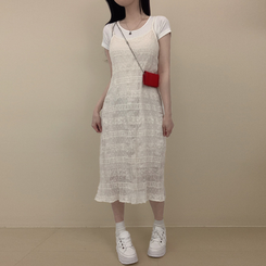 ロングワンピース レースレイヤードプリーツワンピース IVORY