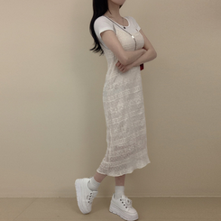 ロングワンピース レースレイヤードプリーツワンピース IVORY