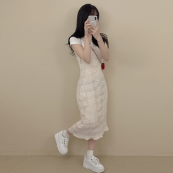 ロングワンピース レースレイヤードプリーツワンピース IVORY