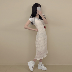 ロングワンピース レースレイヤードプリーツワンピース IVORY