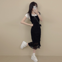 ロングワンピース レースレイヤードプリーツワンピース BLACK