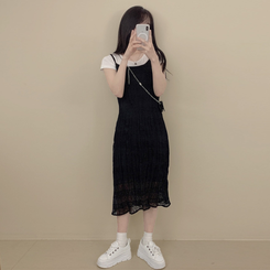 ロングワンピース レースレイヤードプリーツワンピース BLACK