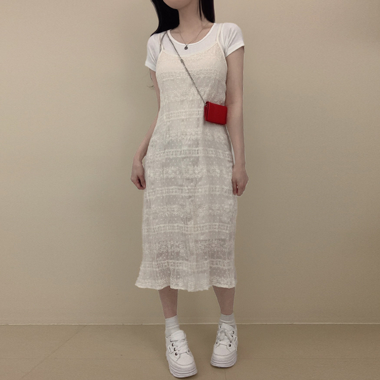 レースレイヤードプリーツワンピース IVORY