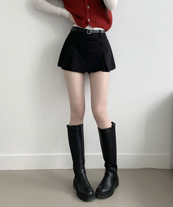 [벨트SET!/양면핀턱/2가지무드] 베니 미니 속바지 사이드 버튼 지퍼 양면 핀턱 숏 스커트 블랙