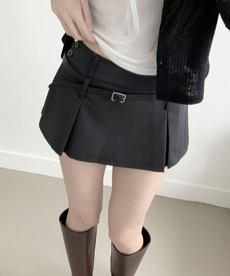 [벨트SET!/양면핀턱/2가지무드] 베니 미니 속바지 사이드 버튼 지퍼 양면 핀턱 숏 스커트 먹색