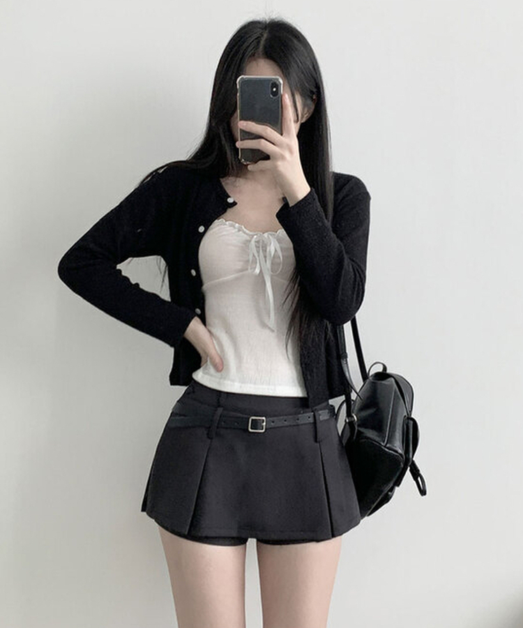 [벨트SET!/양면핀턱/2가지무드] 베니 미니 속바지 사이드 버튼 지퍼 양면 핀턱 숏 스커트 먹색