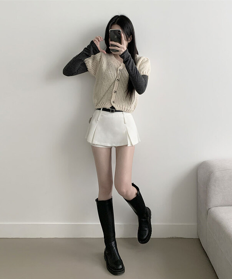 [벨트SET!/양면핀턱/2가지무드] 베니 미니 속바지 사이드 버튼 지퍼 양면 핀턱 숏 스커트 화이트