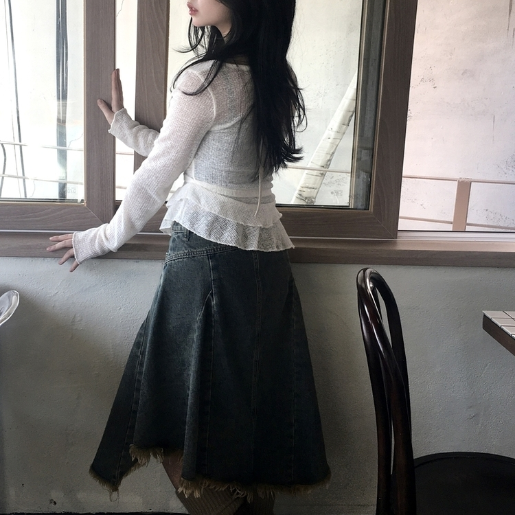 언발 프릴 나시 일체형 레이어드 긴팔 시스루 니트 베이지