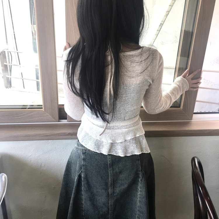 언발 프릴 나시 일체형 레이어드 긴팔 시스루 니트 베이지