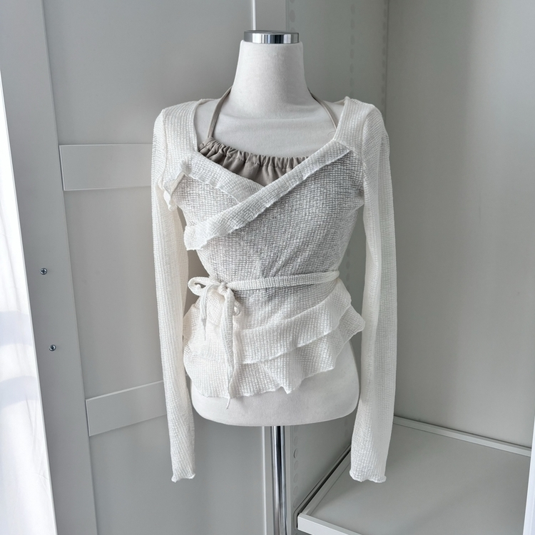 언발 프릴 나시 일체형 레이어드 긴팔 시스루 니트