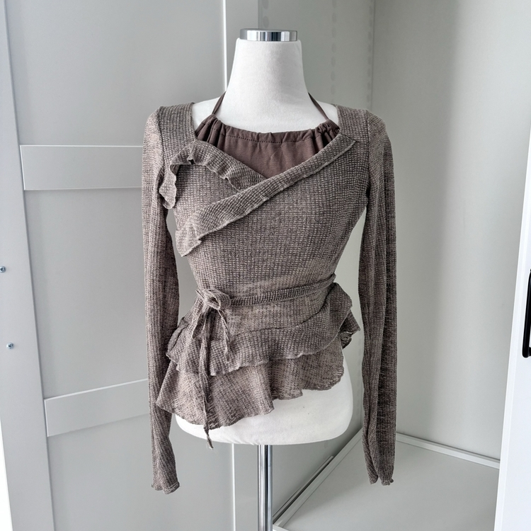 언발 프릴 나시 일체형 레이어드 긴팔 시스루 니트