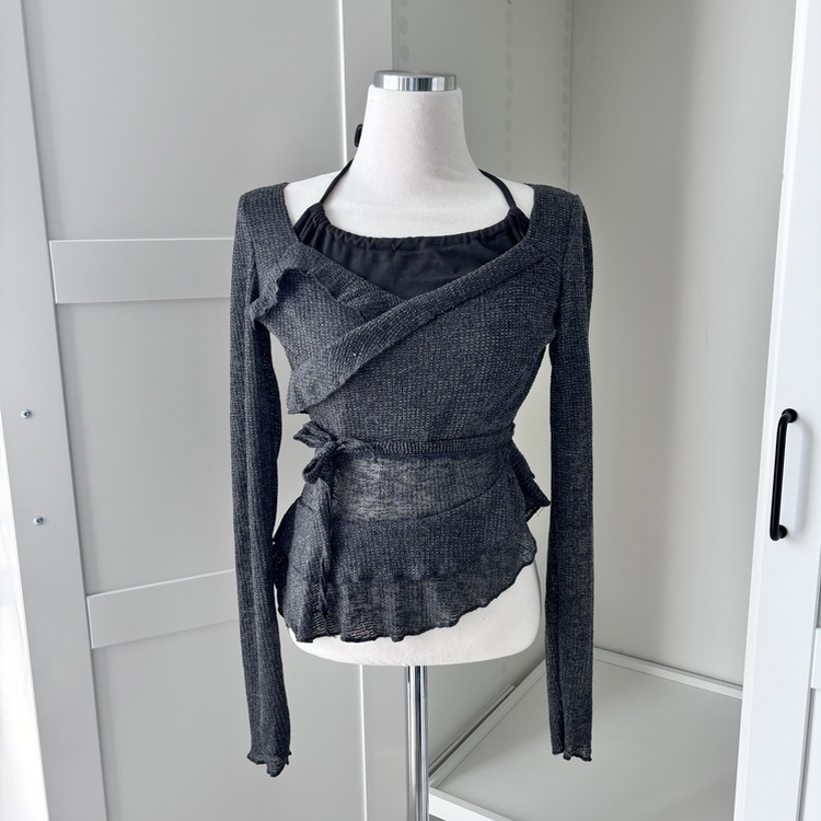 언발 프릴 나시 일체형 레이어드 긴팔 시스루 니트