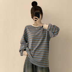 ラビットラウンドストライプ長袖Tシャツ SKY BLUE