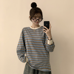 ラビットラウンドストライプ長袖Tシャツ SKY BLUE