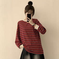 ラビットラウンドストライプ長袖Tシャツ RED