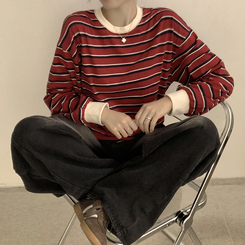 ラビットラウンドストライプ長袖Tシャツ RED