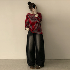 ラビットラウンドストライプ長袖Tシャツ RED