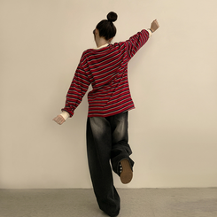 ラビットラウンドストライプ長袖Tシャツ RED