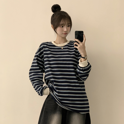 ラビットラウンドストライプ長袖Tシャツ NAVY