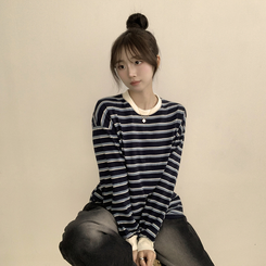 ラビットラウンドストライプ長袖Tシャツ NAVY