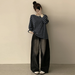 ラビットラウンドストライプ長袖Tシャツ NAVY