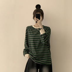 ラビットラウンドストライプ長袖Tシャツ GREEN