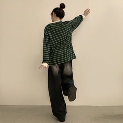 ラビットラウンドストライプ長袖Tシャツ GREEN