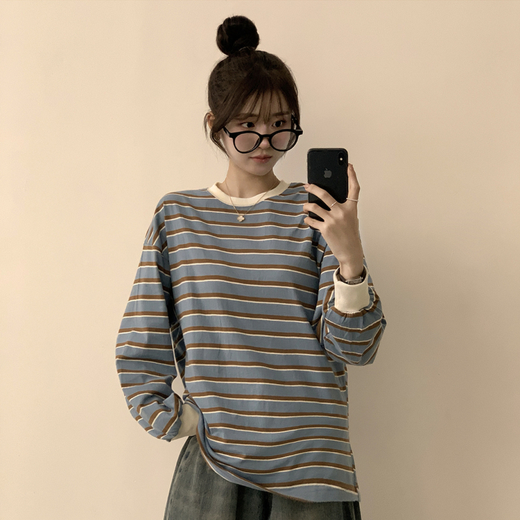 ラビットラウンドストライプ長袖Tシャツ SKY BLUE