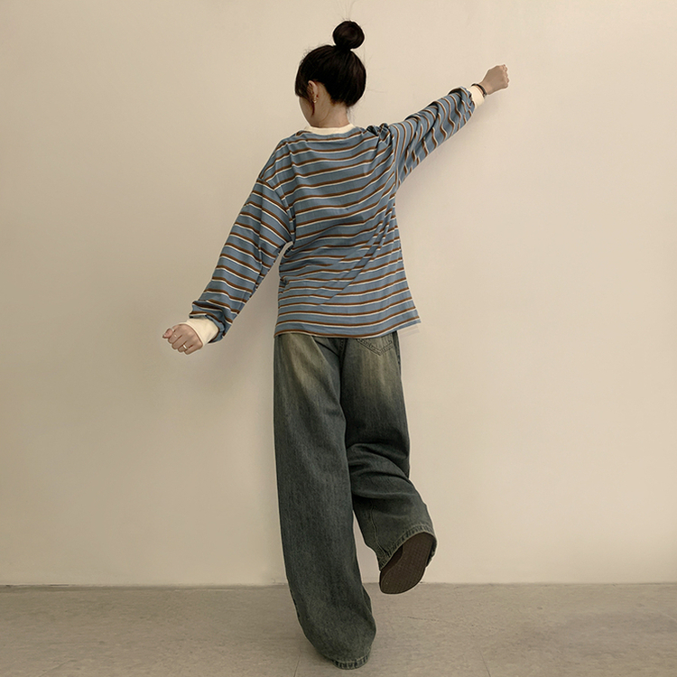 ラビットラウンドストライプ長袖Tシャツ SKY BLUE