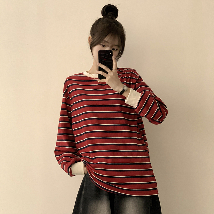 ラビットラウンドストライプ長袖Tシャツ RED