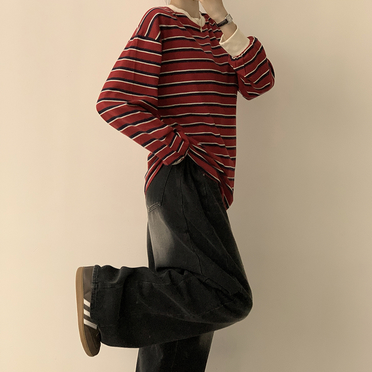 ラビットラウンドストライプ長袖Tシャツ RED