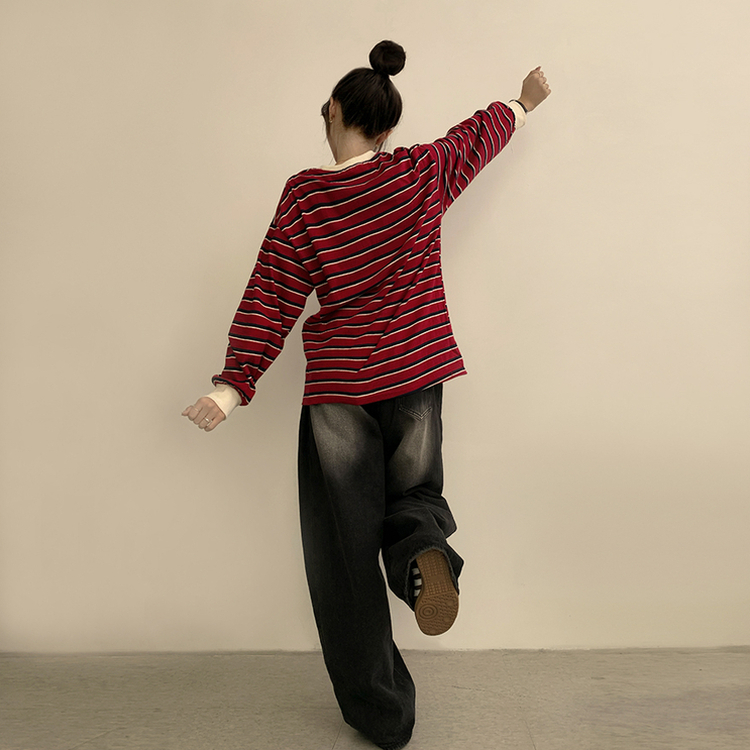 ラビットラウンドストライプ長袖Tシャツ RED