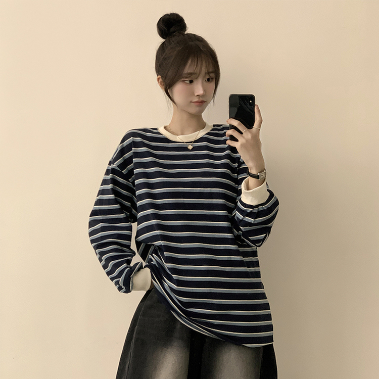ラビットラウンドストライプ長袖Tシャツ NAVY