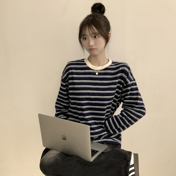 ラビットラウンドストライプ長袖Tシャツ NAVY