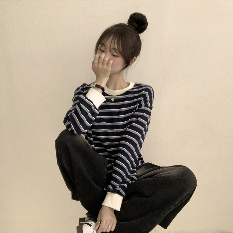 ラビットラウンドストライプ長袖Tシャツ NAVY