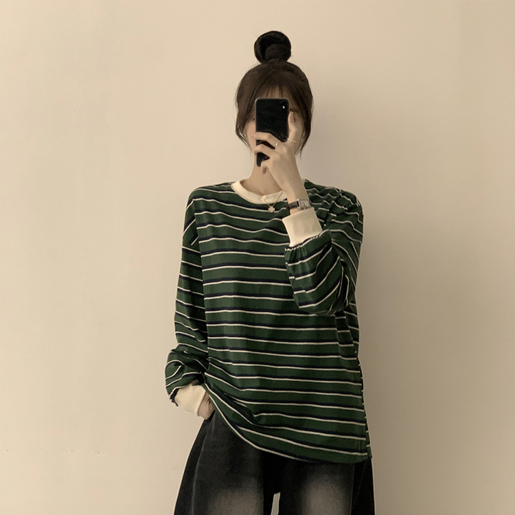 ラビットラウンドストライプ長袖Tシャツ GREEN