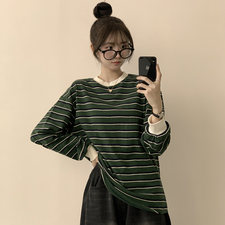 ラビットラウンドストライプ長袖Tシャツ GREEN