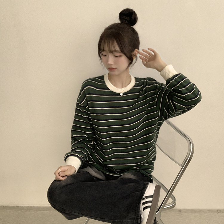 ラビットラウンドストライプ長袖Tシャツ GREEN