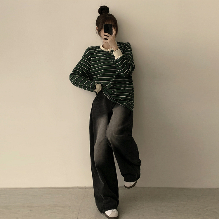 ラビットラウンドストライプ長袖Tシャツ GREEN