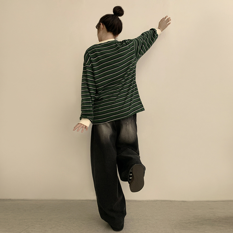 ラビットラウンドストライプ長袖Tシャツ GREEN
