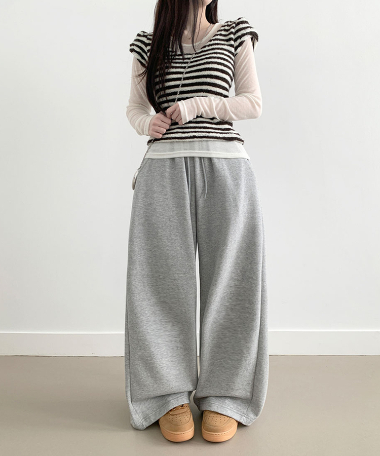 후린 백포켓 사이드 핀턱 허리밴딩 와이드 팬츠 그레이