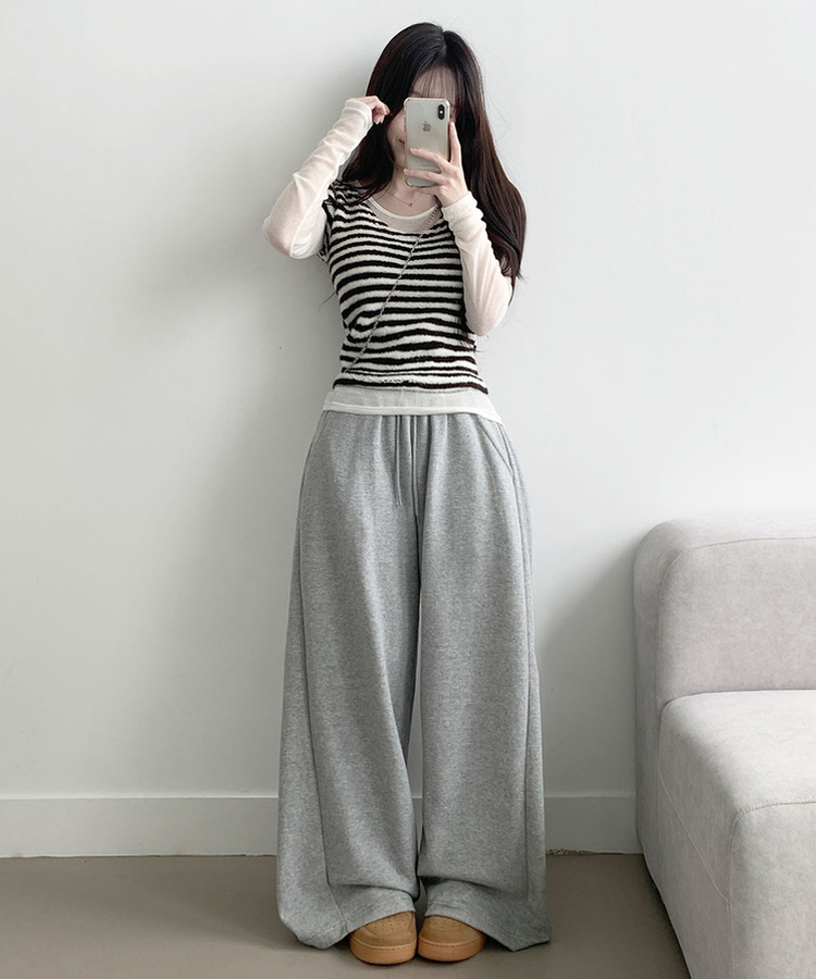 후린 백포켓 사이드 핀턱 허리밴딩 와이드 팬츠 그레이