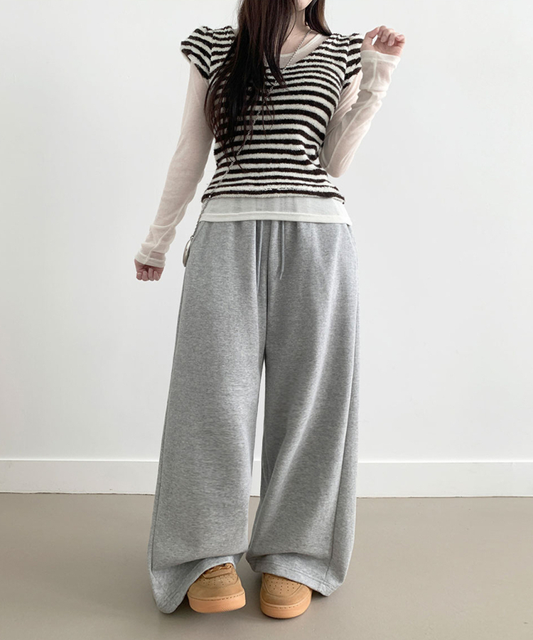 후린 백포켓 사이드 핀턱 허리밴딩 와이드 팬츠 그레이