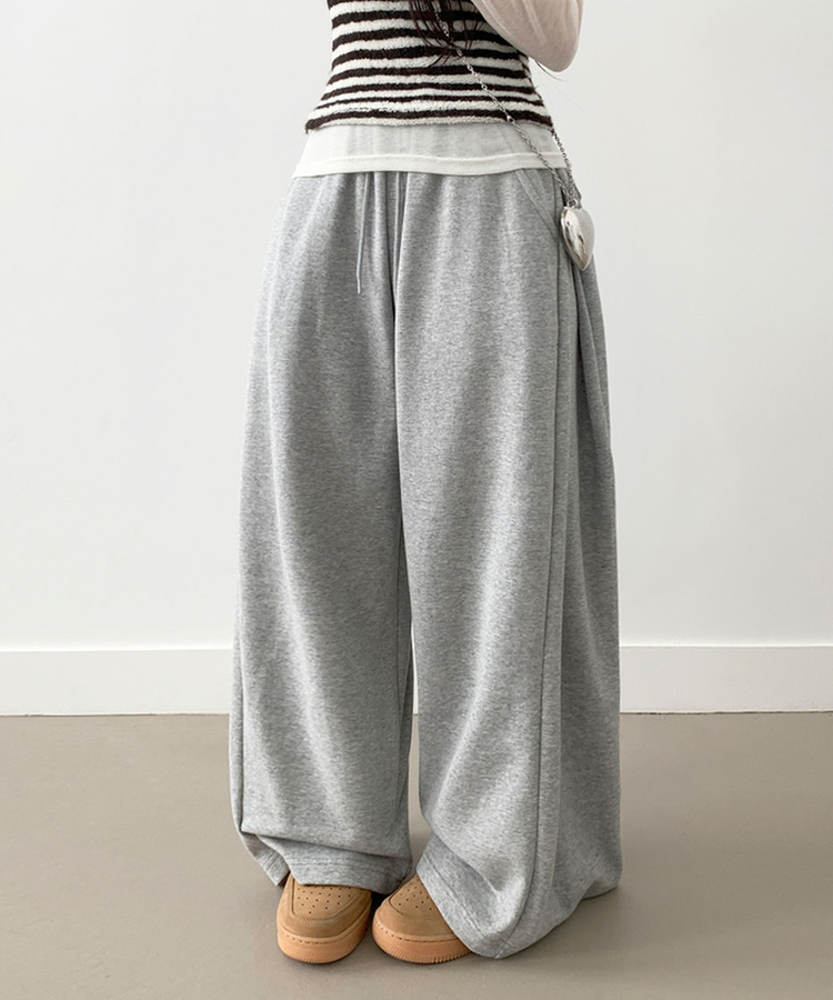 후린 백포켓 사이드 핀턱 허리밴딩 와이드 팬츠 그레이