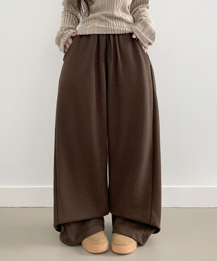 후린 백포켓 사이드 핀턱 허리밴딩 와이드 팬츠 브라운