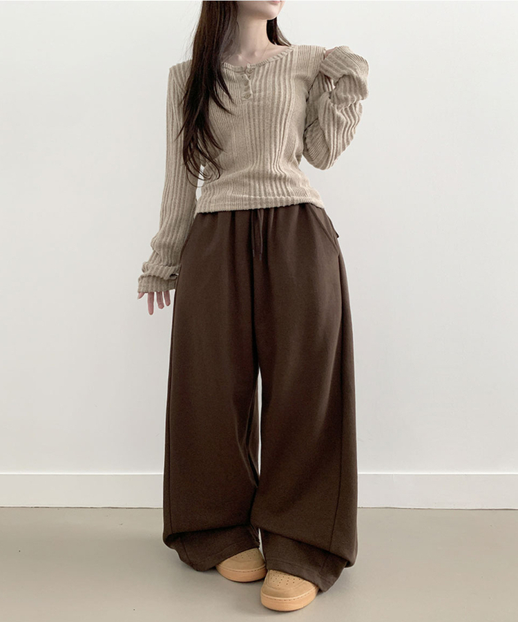 후린 백포켓 사이드 핀턱 허리밴딩 와이드 팬츠 브라운