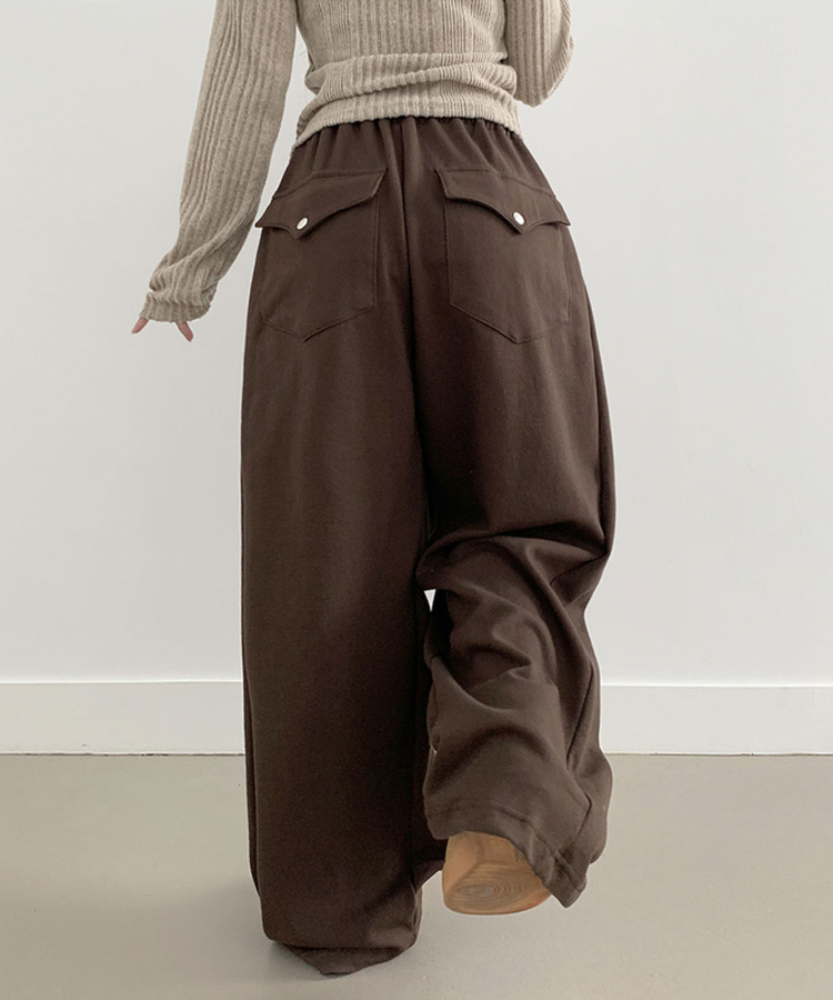 후린 백포켓 사이드 핀턱 허리밴딩 와이드 팬츠 브라운